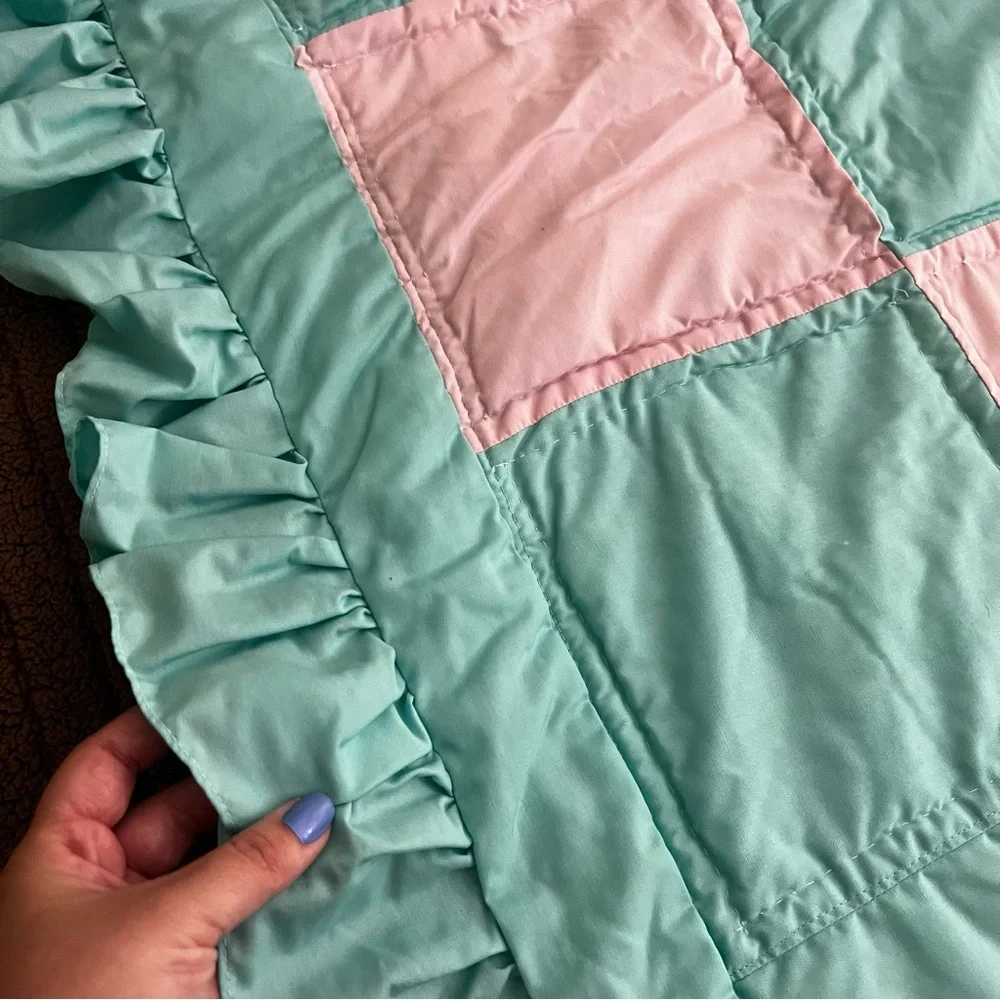 Vintage Handmade Baby Ruffle Quilt Crib Bedding Pastel Green Pink Blue Cottage